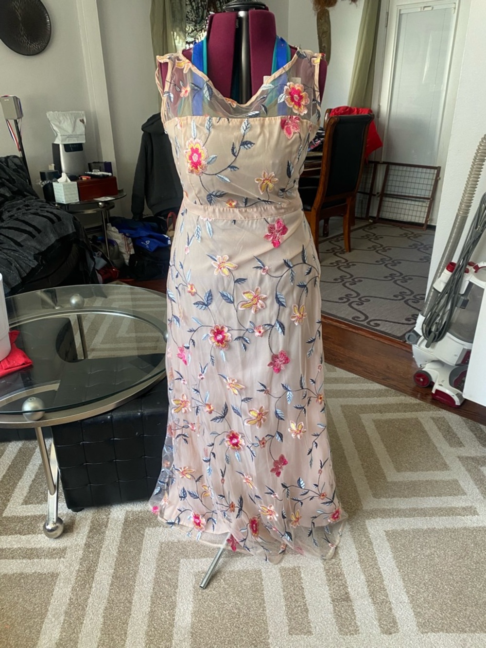 Embroidered Floral Sheer Overlay Maxi Dress - Pink